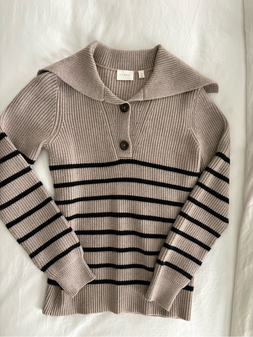 Cyrus Taupe and Black Striped Sailor-Collar Sweater